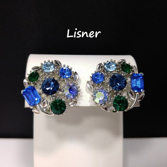 Lisner Blue & Green Rhinestone Clip Earrings – Vintage 1960s - Picture 1 of 10